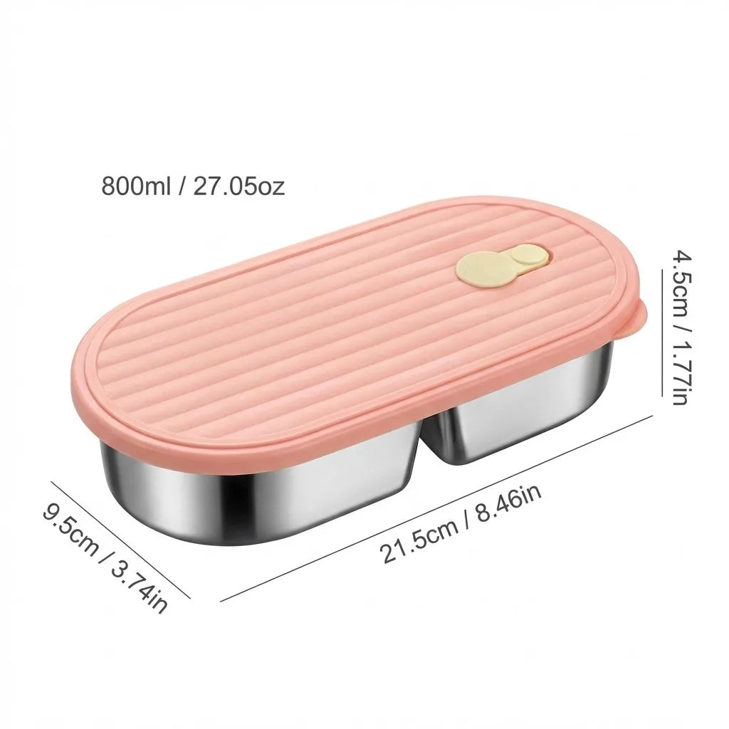 Microwaveable 304 Stainless Steel Bento Box Oval Divided Lunch Box 2 Grids Food Storage Container For Kids Students School