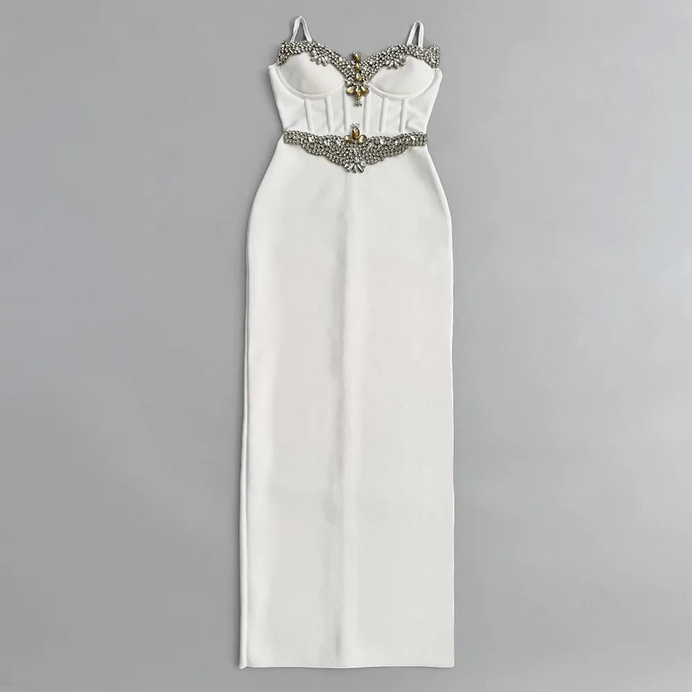 2025 Summer New Women Bandage Dress Sexy Spaghetti Strap Beading Clothes Club Party Maxi Dresses