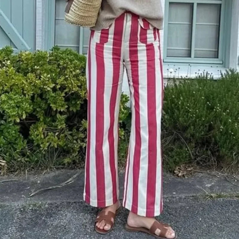 Casual Women's Red Striped Pants Button Zipper Double Pockets Straight Straight Leg Trouser 2026 Spring Summer Fashion Lady Pant
