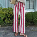 Casual Women's Red Striped Pants Button Zipper Double Pockets Straight Straight Leg Trouser 2026 Spring Summer Fashion Lady Pant