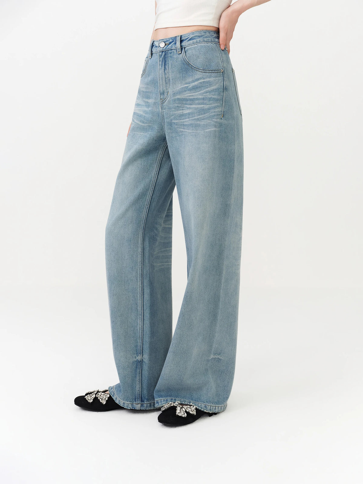 FSLE New Summer Women‘s Wide Leg Jeans Vintage Washed Straight Wide Leg Pants High Waist Denim Trousers Casual Street Style Chic