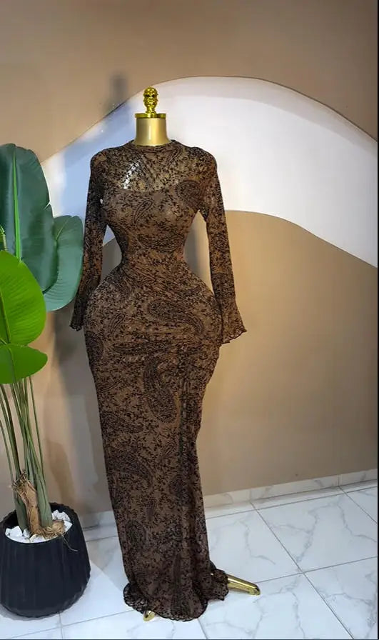 CM.YAYA 2025 Women Long Sleeve Ruched Mesh See Though with Lining Bodycon Long Dress Fall Evening Birthday Sexy Party Dresses