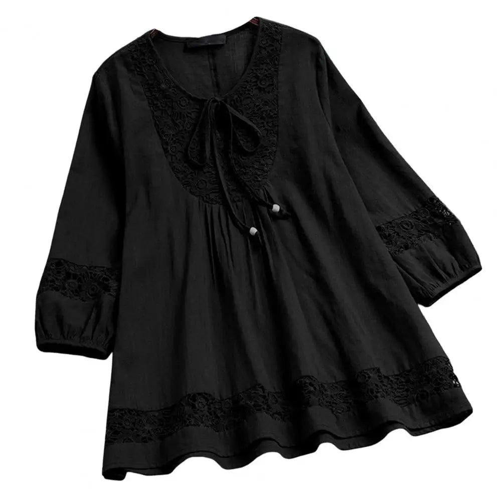 Round Neck Women T-shirt Lace Patchwork Crew Neck Lady Spring Shirt Chic Plus Size Casual Lady Spring Blouse for Dating