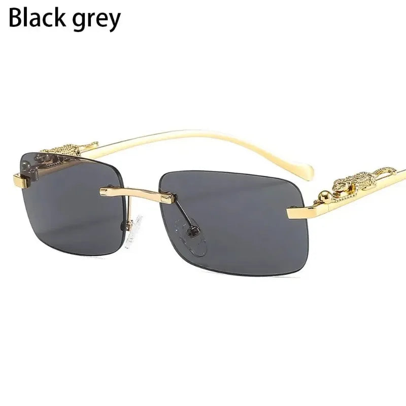 Unisex Luxury Rimless Square Sunglasses - Brand Designer Leopard Head Metal Shade Eyewear Travel Driving