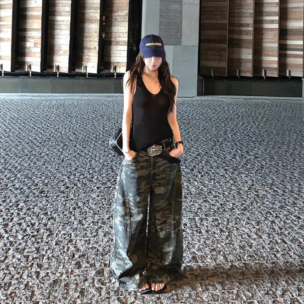 YJKDYK High Waist Camouflage Workwear Jeans Women's Autumn Spring American Retro Wide Leg Floor-Length Pants Trendy High Street