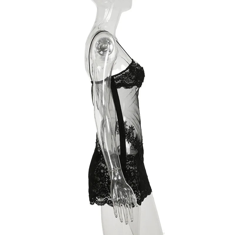 Shestyle Lace Transparent Mini Dress Sexy Women Wrapping Spaghetti Embroidery Flower Sheath Nightwear Club Mesh Wave Fantacy