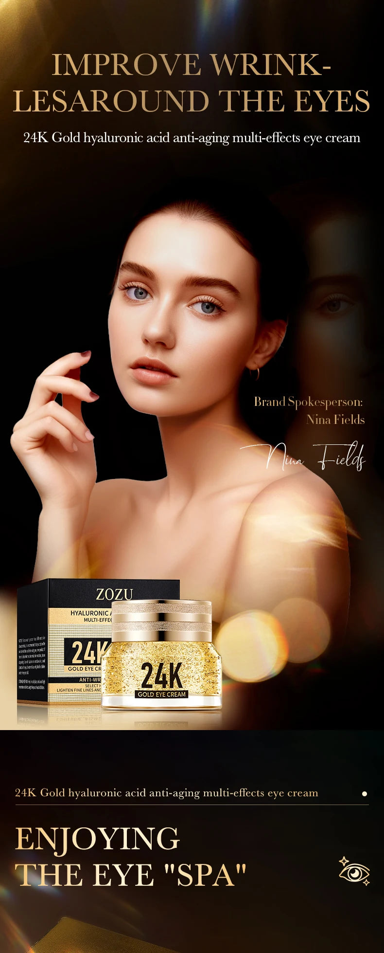 24K hyaluronic acid eye cream, nourishing, improving dark circles and eye wrinkles, anti-aging eye cream essence
