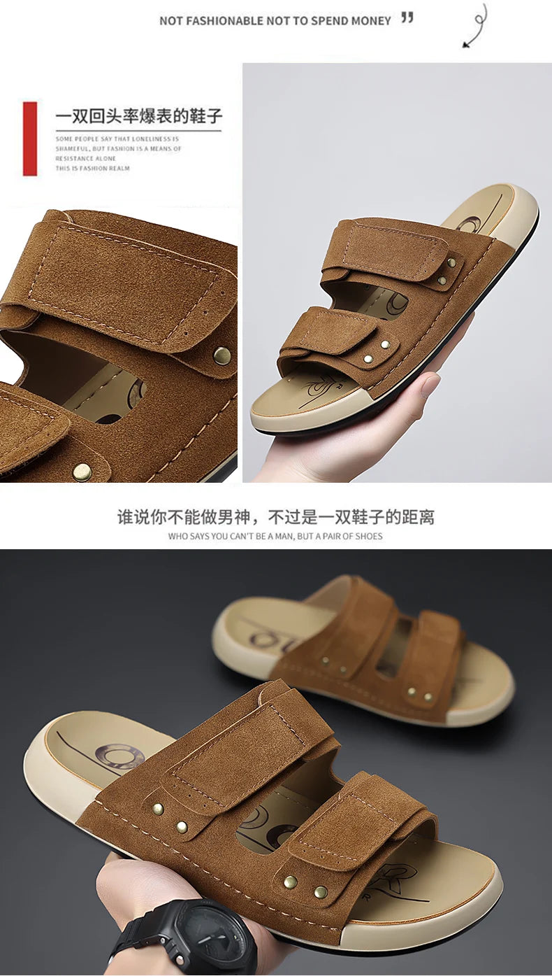 2026 Mens Sandals Slip On Leather Casual Couple Shoes For Men Soft Comfortable Mens Summer Shoes Handmade Men Outdoor Slippers