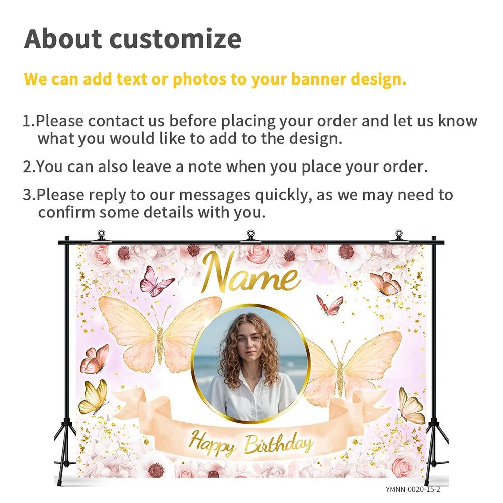 Custom Photo Name Birthday Backdrop Pink Butterfly and Floral Background Banner Personalized for Party Wall Decoration Glitter T