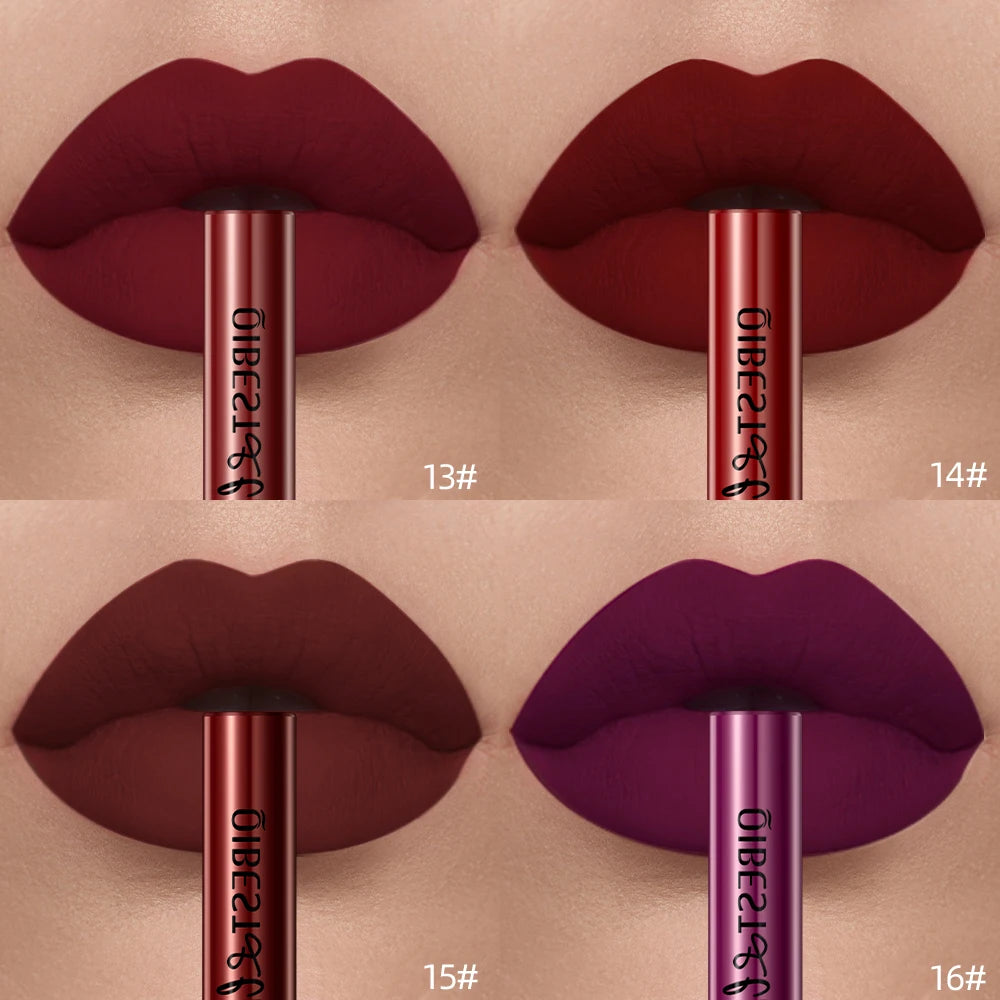 QIBEST Sexy Red Lip Gloss Long Lasting Velvet Matte Liquid Lipstick Waterproof Lip Makeup Nonstick Cup Purple Lip Tint Black
