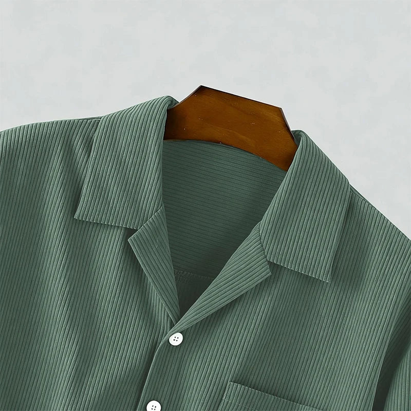 Autumn Men Corduroy Cropped Shirts Long Sleeve Solid Color Suit Collar Casual Blouse American Retro Premium Loose Cardigan Tops