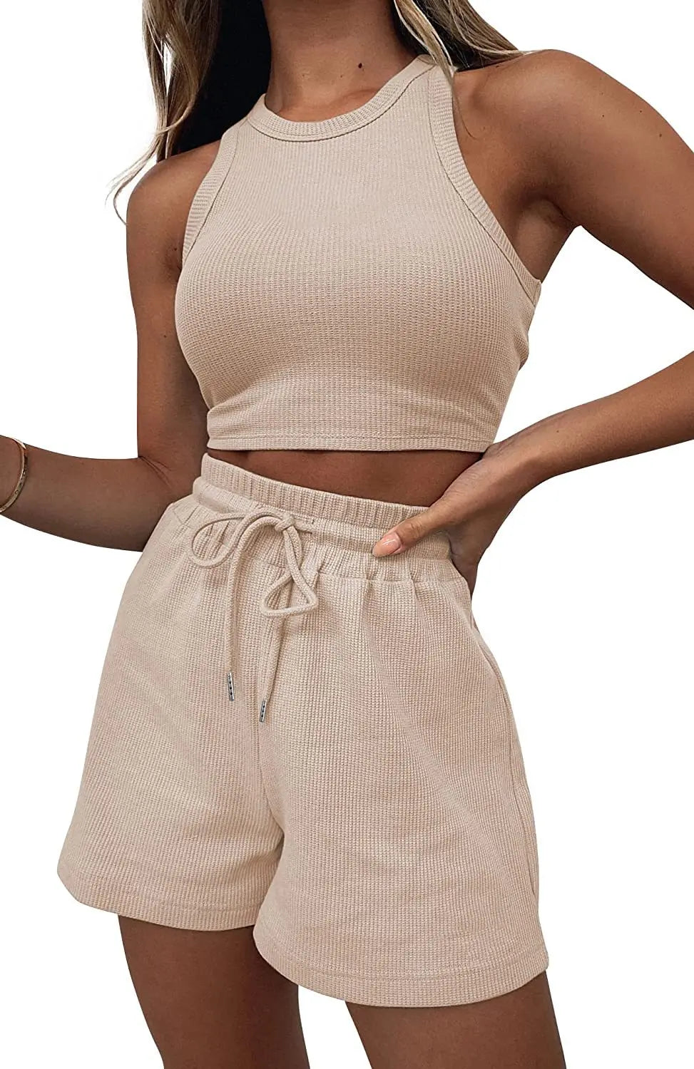 Women Shorts Outfit Solid Sleeveless Ribbed Crop Tank And Drawstring Shorts Casual Tracksuit Workout Set 2 Piece Lounge Set