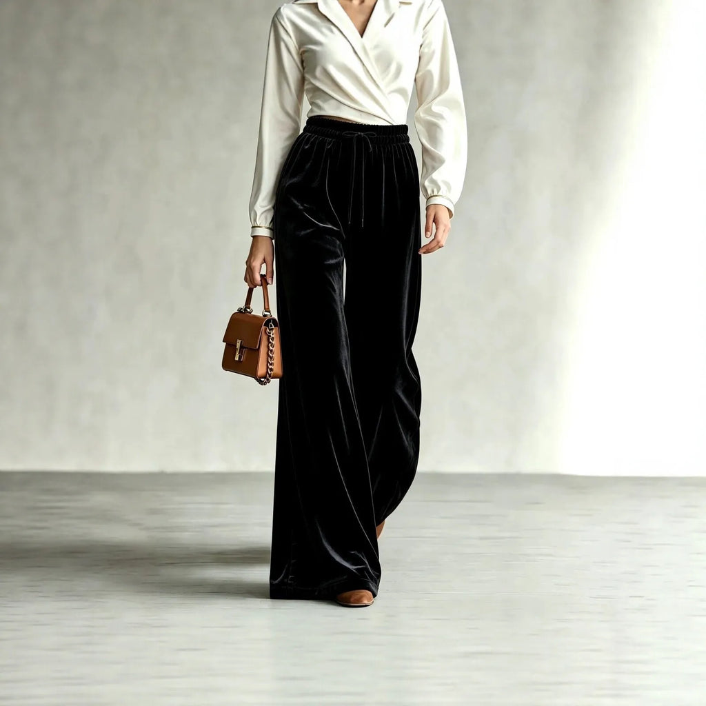 New Winter Women's Velvet Wide-leg Pants Drawstring High-waisted Pants Trousers