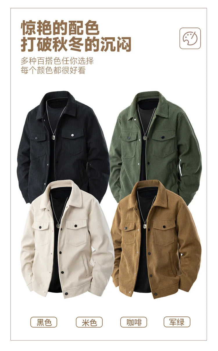 Spring and Autumn Men's Corduroy Lapel Jacket 2025 Men's New American Retro Brand Loose and Handsome Multi-pocket Cargo Jacket