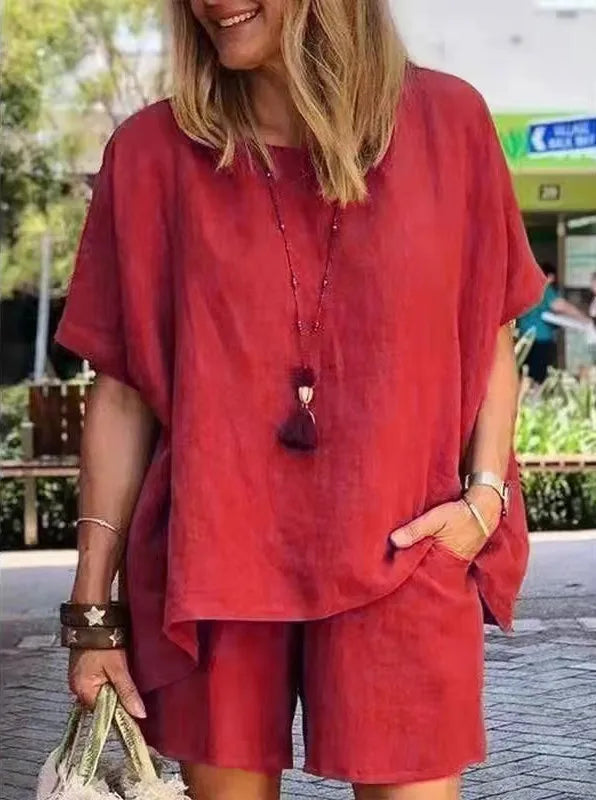 Ladies Shorts Suit Fashionable Summer Women's Elegant Solid Color Pullover Loose Cotton Linen Short Sleeved Shorts Two-piece Set