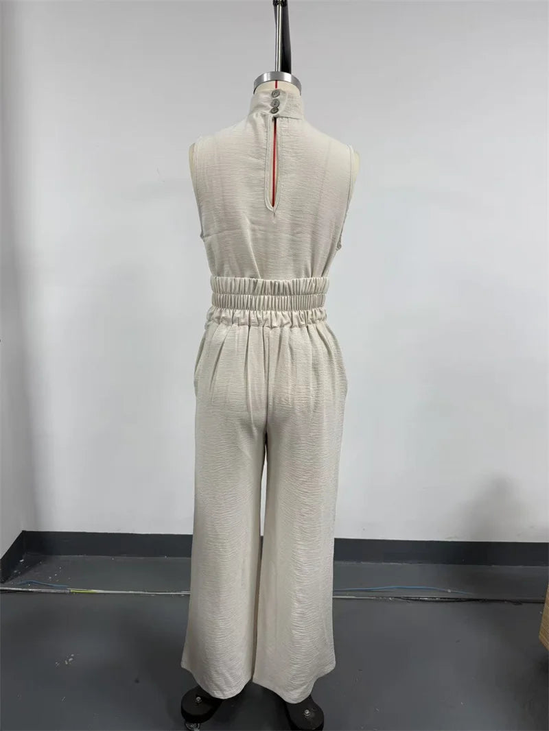 Women Summer Fashion Casual Loose Solid Suit Cotton Linen Set Sleeveless Tops Wide Leg Pants Office Ladies 2 Piece Sets 2026