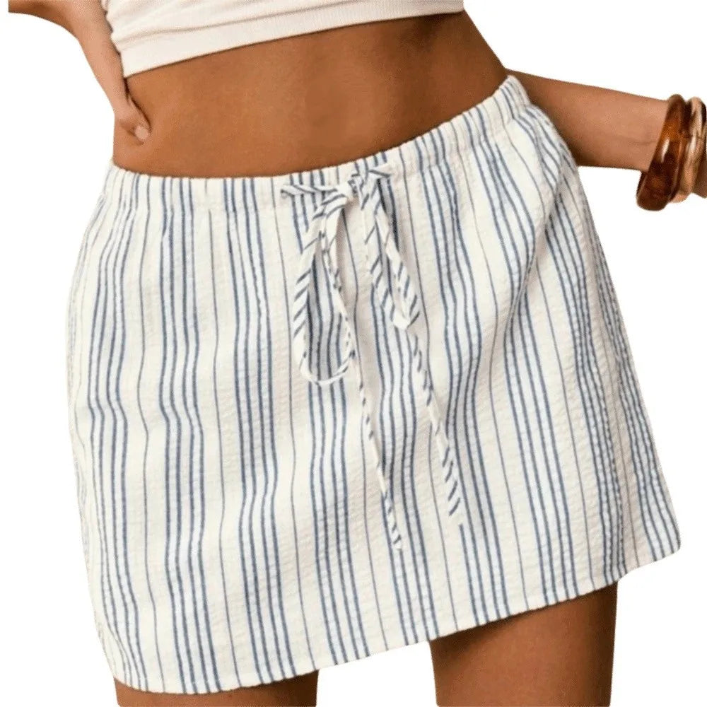 Casual Drawstring Mini Shorts Skirt Loose Fit High Waist Skorts Women Summer Striped Print Pajama Pants Casual Wear