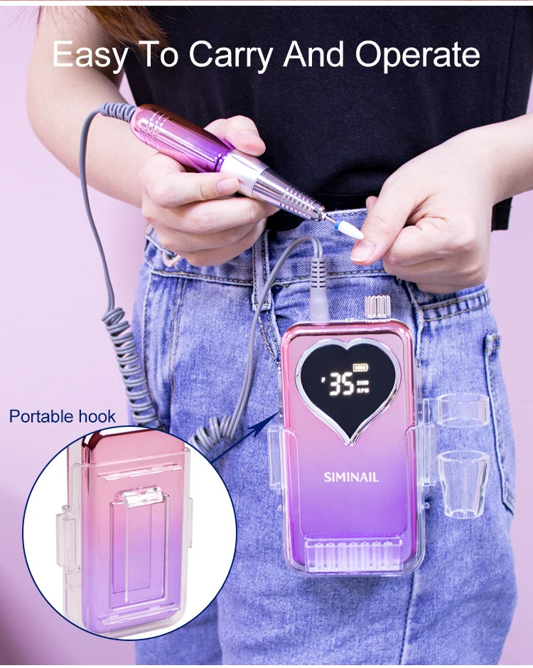 SIMINAIL Professional Nail Drill Machine 35000RPM Portable Electric Nail File Rechargeable Manicure Machine Set Efile Bit Kit