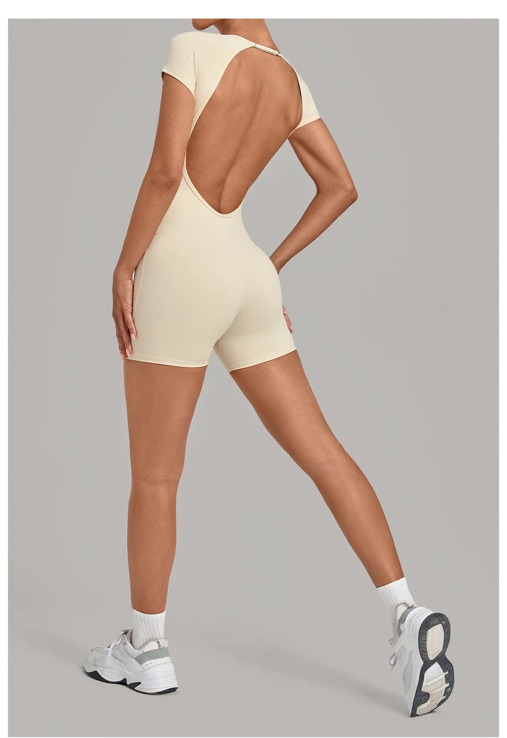 Women Short Sleeve Open Back Yoga Bodysuit Squat Proof Short Jumpsuit Gym Pilates Running Workout Fitness Sport Activewear