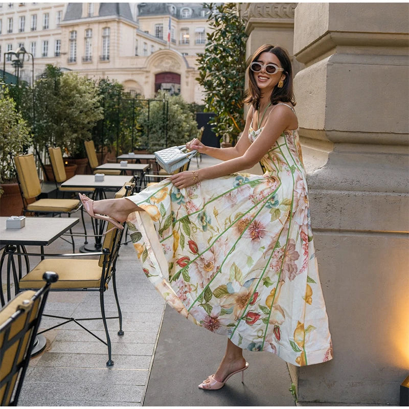 Fashion Women Dress Floral Printed Halter Tube Tops Sleeveless Lace Up Waist-Closed Female Dresses 2026 Summer Lady Robe