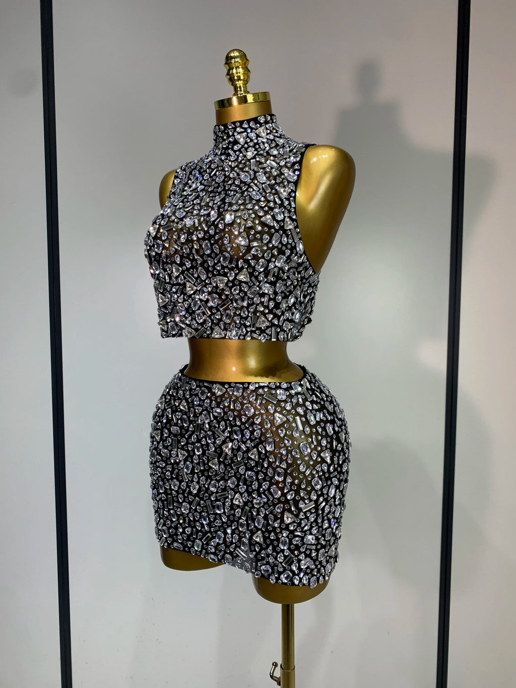 High Quality Sparkling Rhinestone Sexy See Through Blackless Top Skirt Two Pieces Set Woman Luxury Birthday Evening Party Gowns