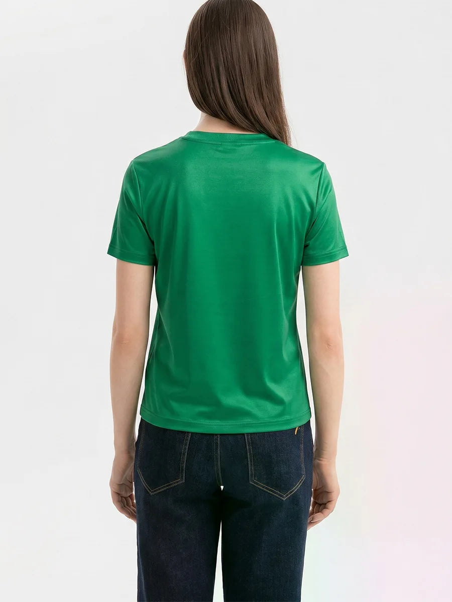 Fashionable Short Sleeve T-Shirt Women's Slim Fit Solid Color Summer 2026 Casual round Neck Polyester Blend Top