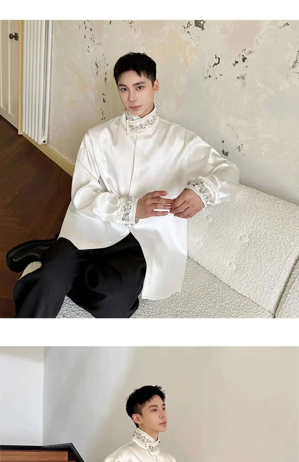 PFHQ Diamond Decoration Satin Long Sleeve Male Shirts Stand Collar Solid Color Single Breasted Men's Wear 2025 New Fashion9C7199