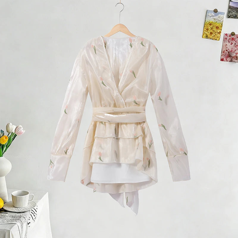 Elegant Printed Women's Dress Long Sleeve V-Neck Ruffle Waist-Closed Lady Mini Dresses 2026 Summer Female Vacation Robe New
