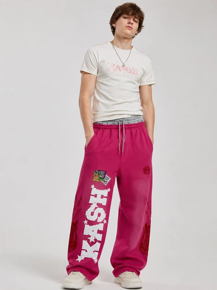 Autumn and Winter Fashion High Street Ins Fashion Men's and Women's Loose Straight Embroidered Printed Casual Pants