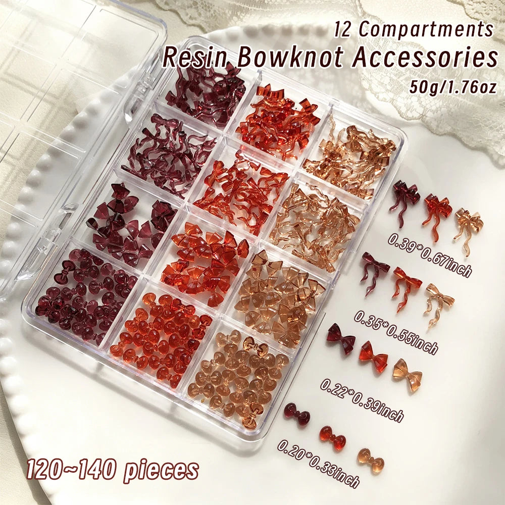 12Grids 3D Mini Maillard Brown Bowknot Kawaii Ribbon Bow New Year Nail Art Decorations Autumn Winter Y2K Bowtie Nail Rhinestones