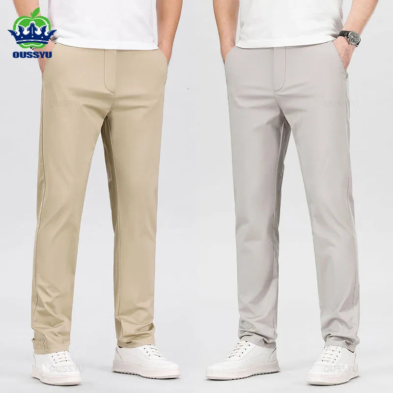 High Quality 97% Cotton Men's Straight Pants Business Solid Color Khaki Light gray Casual Formal Suit Trousers Plus Size 40 42