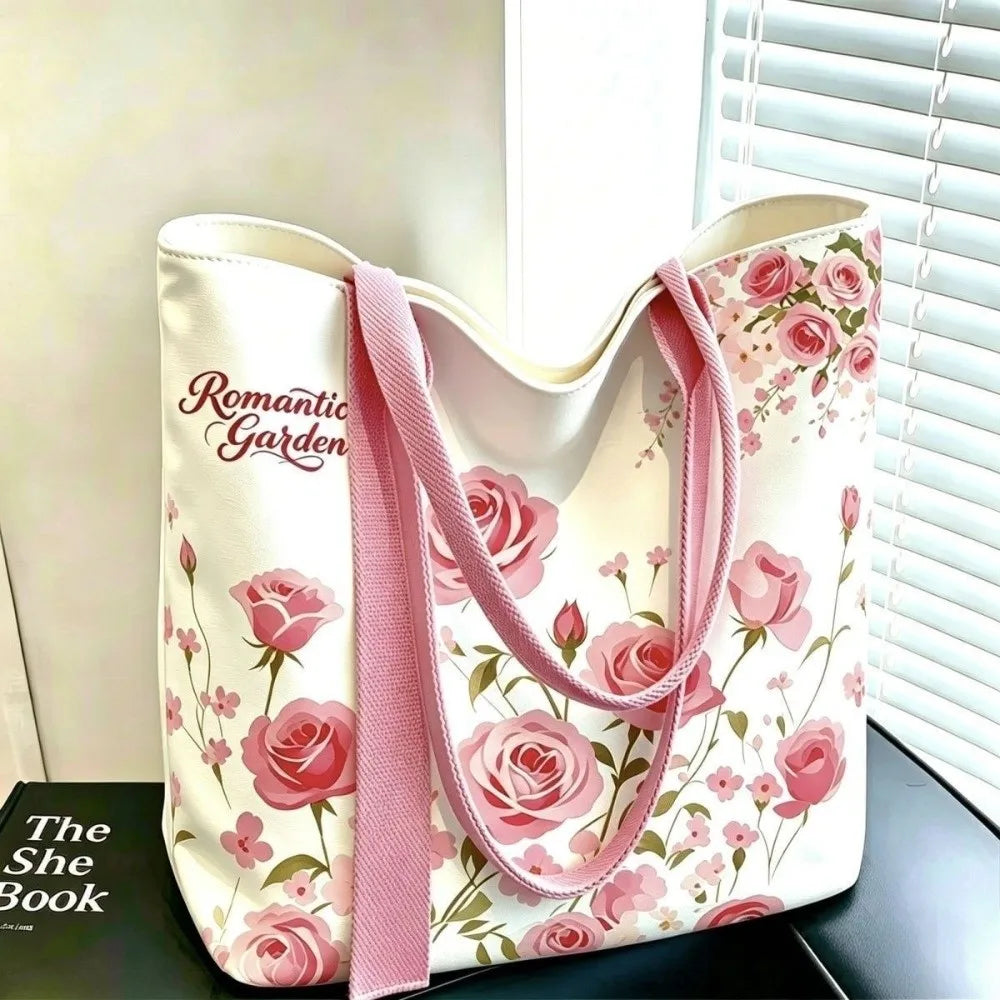 Portable Floral Canvas Tote Bag Large Capacity Reusable Commute Handbag Lightweight Shopping Bag For Work
