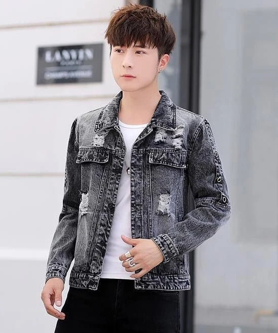Ripped Button Men's Denim Jacket Washed Branded of Fabric Trendy Casual Original Aesthetic Fashion Male Jean Coats Fast Delvery