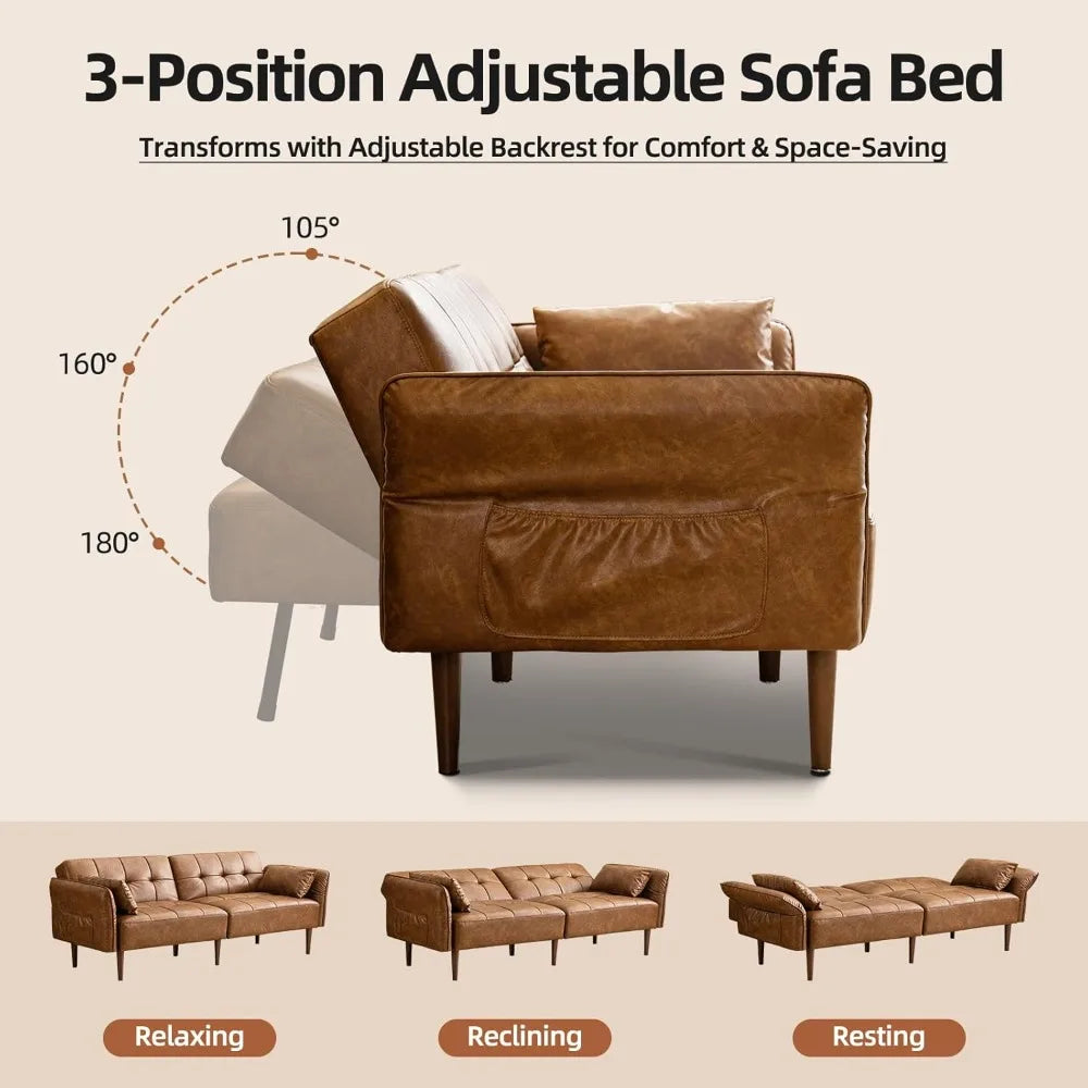 85 Inch Faux Leather Futon Sofa Bed Convertible Sleeper with Storage Adjustable Armrests Mid Century Modern Loveseat