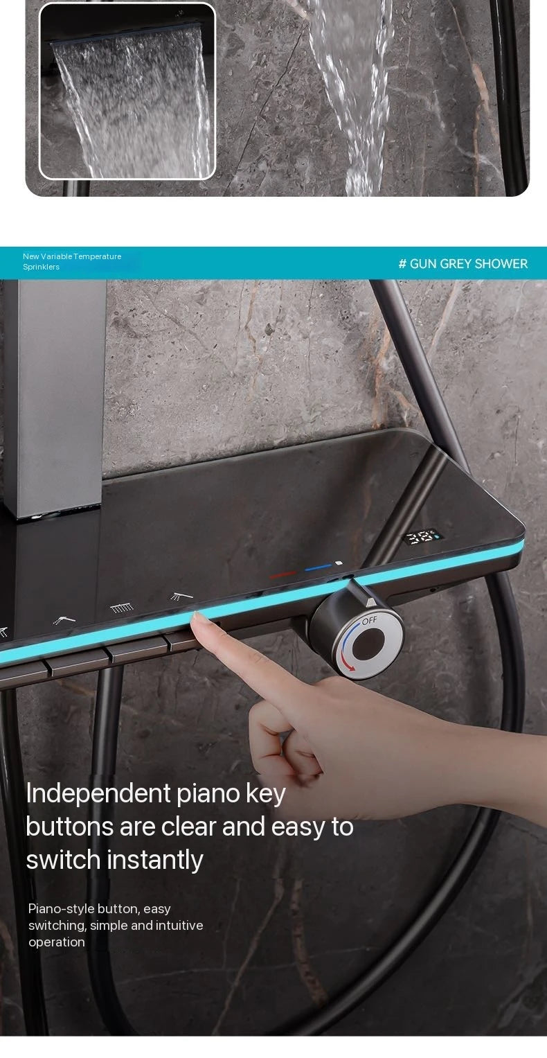 Gray Piano Button Ambient Light Bathroom Shower Full Set Digital Display Shower System Sets Rain Faucets Shower Head