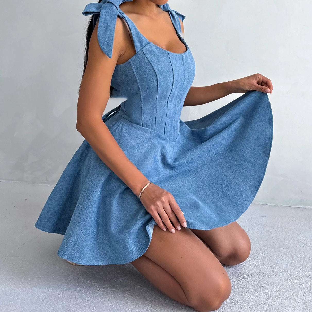 Denim Dress for Women Sexy Adult Clothing Fashionable Hot Girl Collar Bow Tied Strap Skirt Waist Dress Hight Street Style Summer