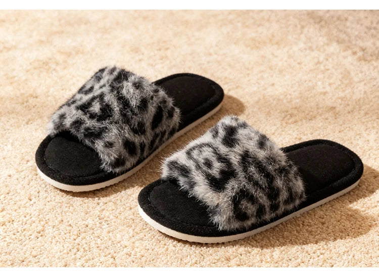 Women's Leopard Print Plush Slippers for Home, Non-Slip Sole, Soft & Comfortable Open Toe House Shoes for Bedroom Spring&Autumn