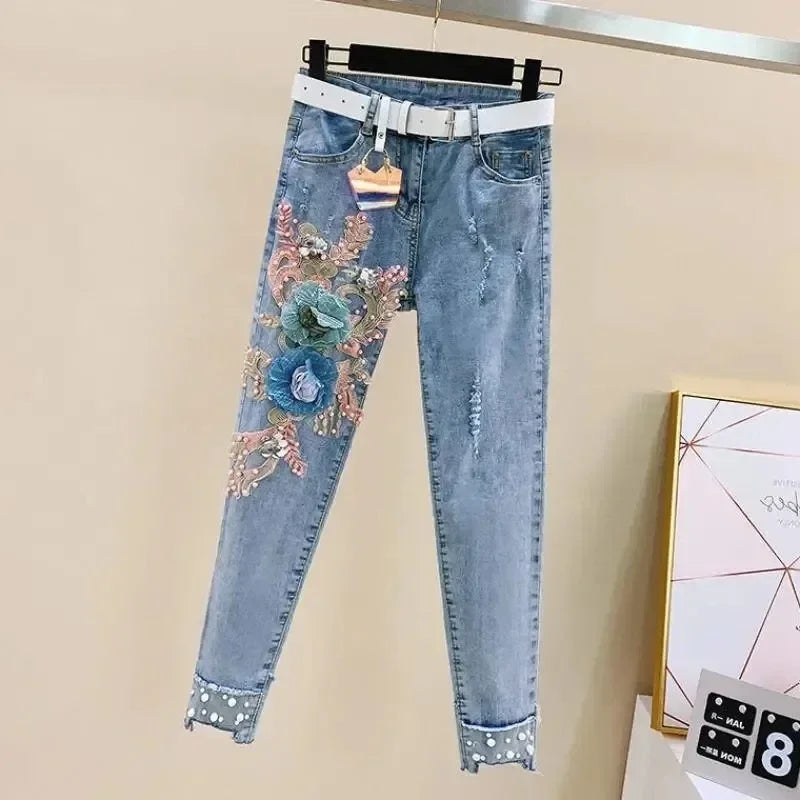 Two-Piece Suit 2025 Summer New Women Denim Pants Beading Embroidery Tshirt Tops+ High Waist Hole Jeans Female Casual Outfits