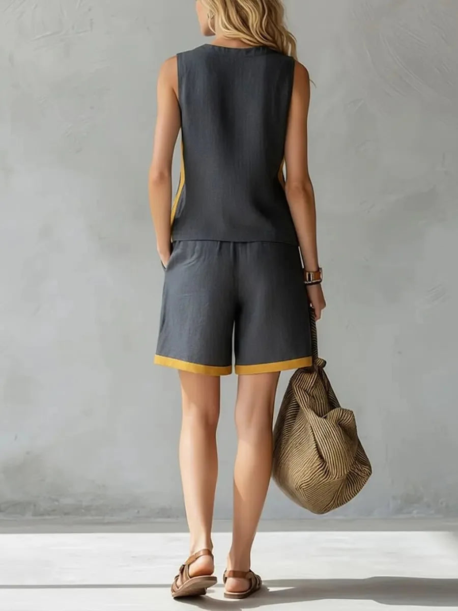 Women Color Block Sleeveless Tank Top Drawstring Shorts Two Piece Set Casual Loose Summer Outfit