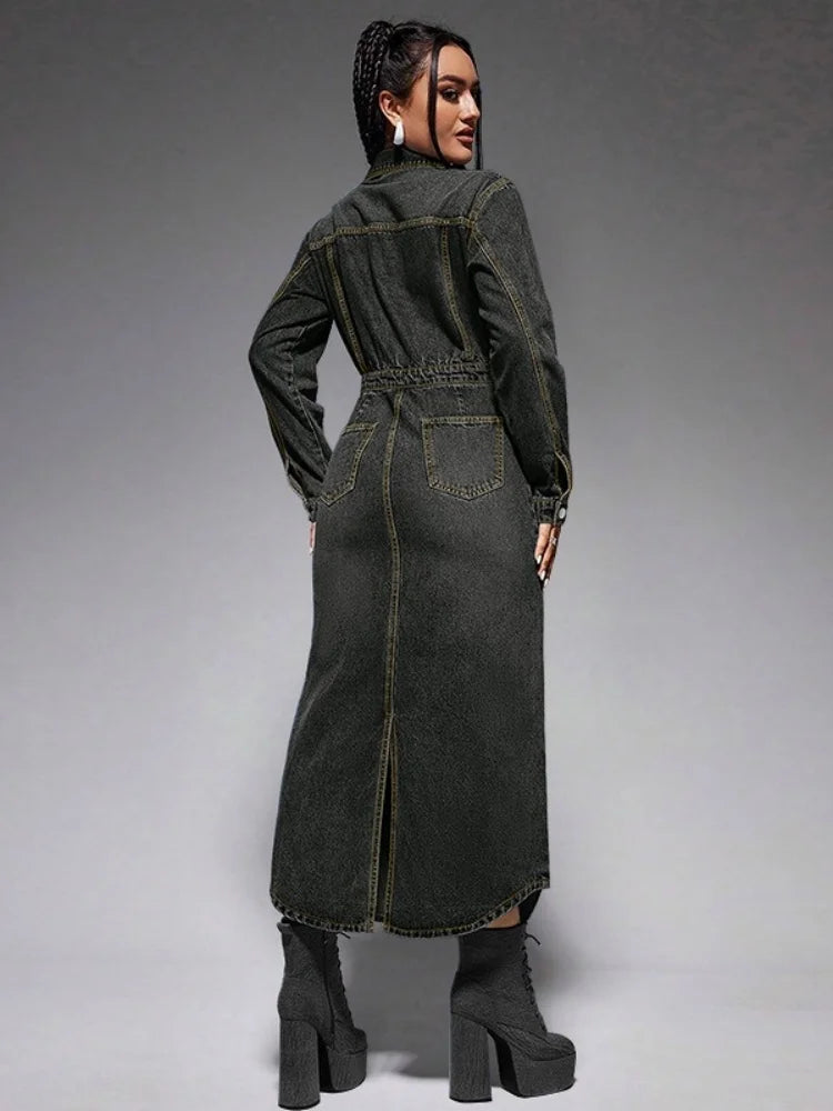 Wmstar Denim Dresses Women Long Sleeve Casual Button Pockets Maxi Dress Fall Clothes Fahion Streetwear Wholesale Dropshipping