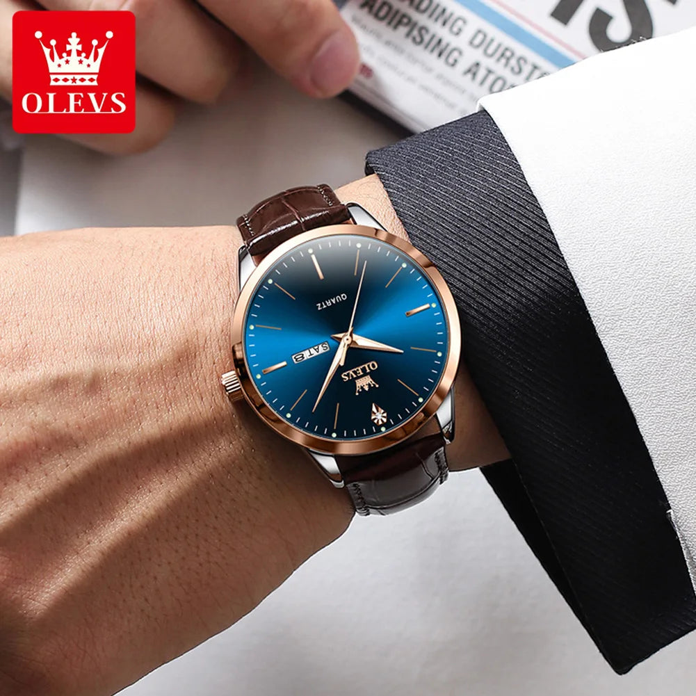 OLEVS 2935 Business Casual Men's Watch Waterproof Leather Strap Luxury Brand Date Week Temperament Trend Quartz Men's Watch