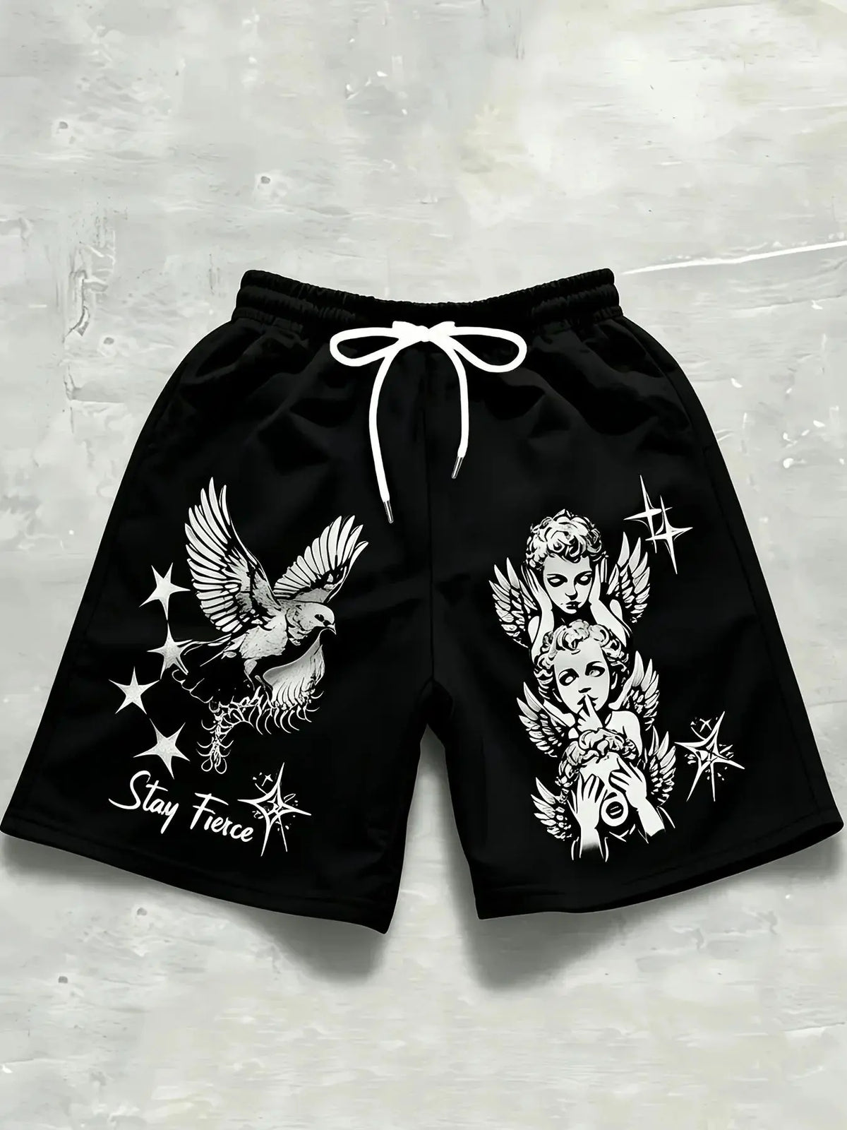 Retro Men's Summer European and American Little Angel Letter Print Comfortable Breathable Drawstring Shorts Outdoor Casual Pants