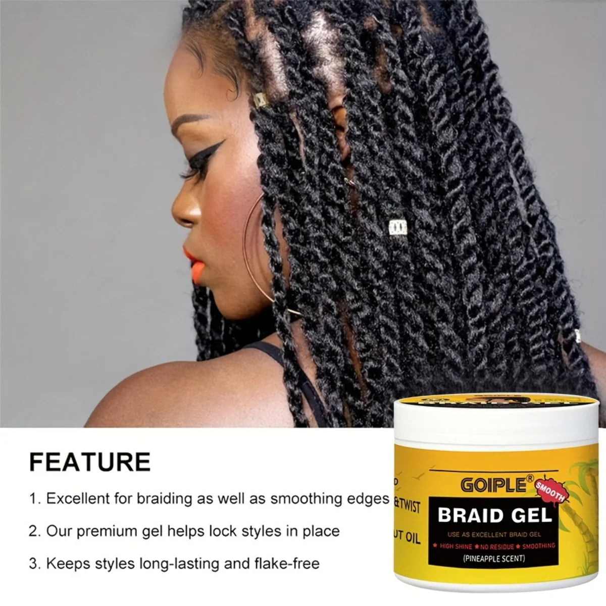 GOIPLE Extreme Hold Braid Gel-Styling Hair Wax for Cornrows, Locs, Twists and Fashionable Braids & Edge Control Gel & Brush 3pcs