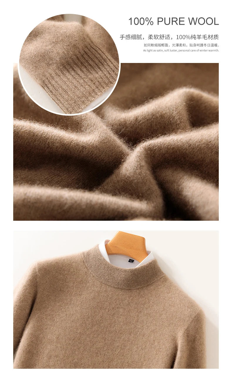 Autumn and Winter Half-high Neck 100% Pure Wool Men's Long Sleeve Leisure Sweater Knitwear