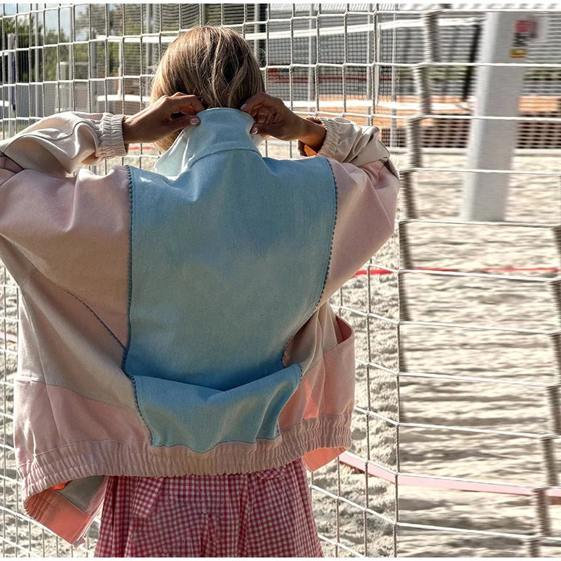 Polka Dot Cropped Windbreaker Jacket, Contrast Pink Seam Piping Side Pockets Loose Outerwear 2026 Autumn Street Daily Lady Coat