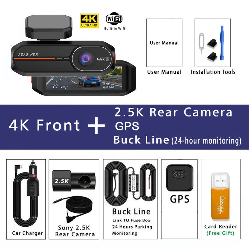 UHD 4K 3840*2160P Dash Cam ADAS WiFi GPS Front 4K Rear 2.5K DVR Video Recorder 24H Night Vision Dash Cam Car Camera Black Box