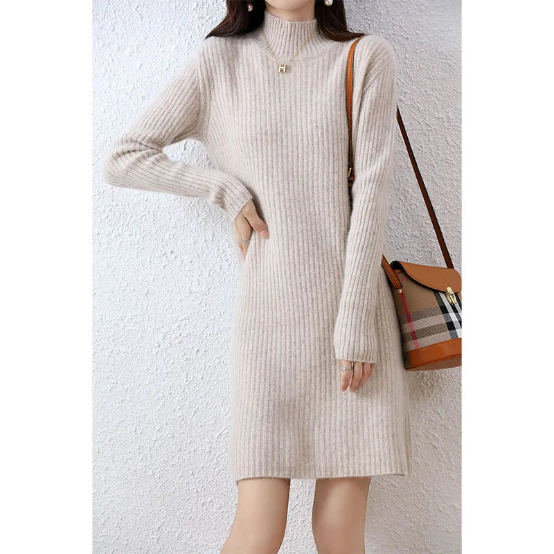 Fashion Cashmere Sweater Womens Knitted Dresses 100% Merino Wool Turtleneck Elegant Dress Autumn Winter Long Sleeve Short Skirts