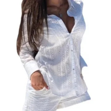 2026New Casual Set Solid Color Printed Shirt Button Long Sleeve Top+Pocket Shorts Set for Women womens matching sets 2 piece set