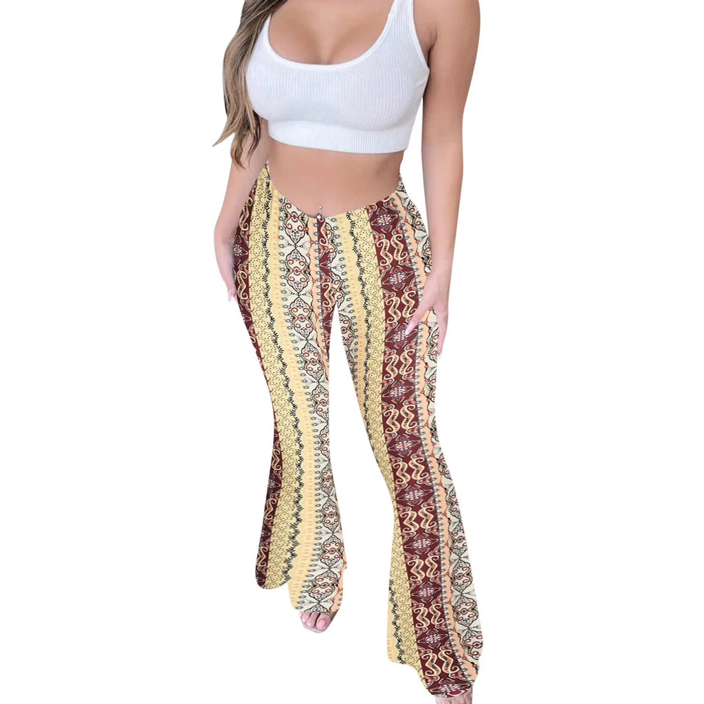Bohemian Flare Pants for Women High Waisted Stretchy Bell Bottoms Y2K Hippie Style Trousers for Beach Vacation Leggings 2026