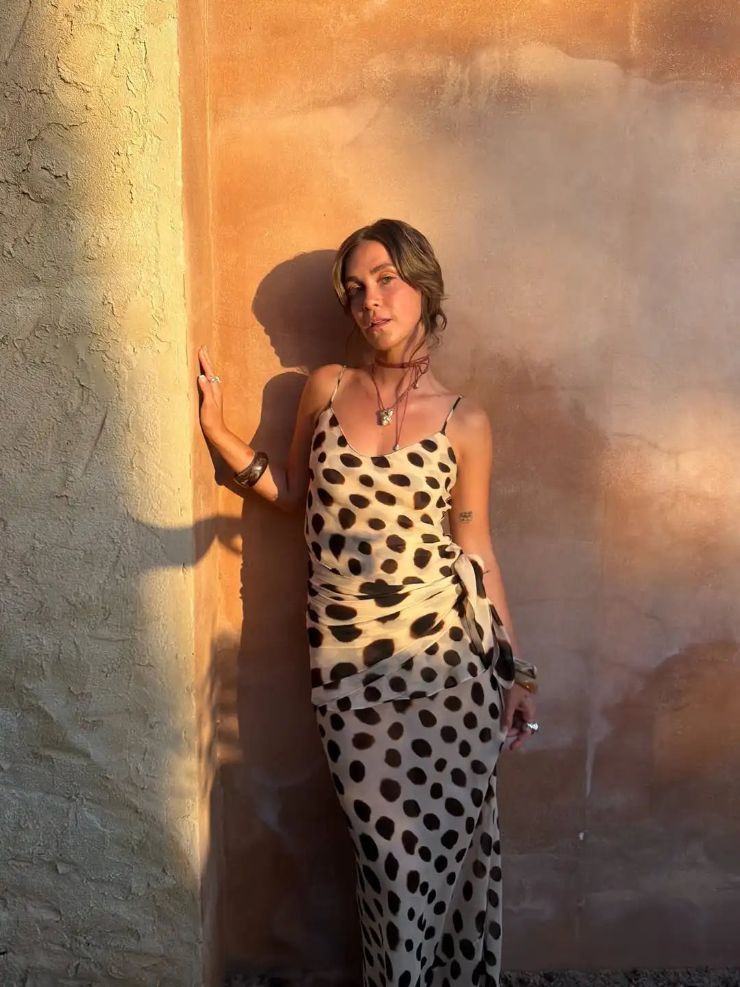 Trendy Slip Polka Dot Maxi Dress V-neck Ruched Drawstring Sexy Maxi Women Dresses Beach Vacation Stylish Retro Summer Party Robe